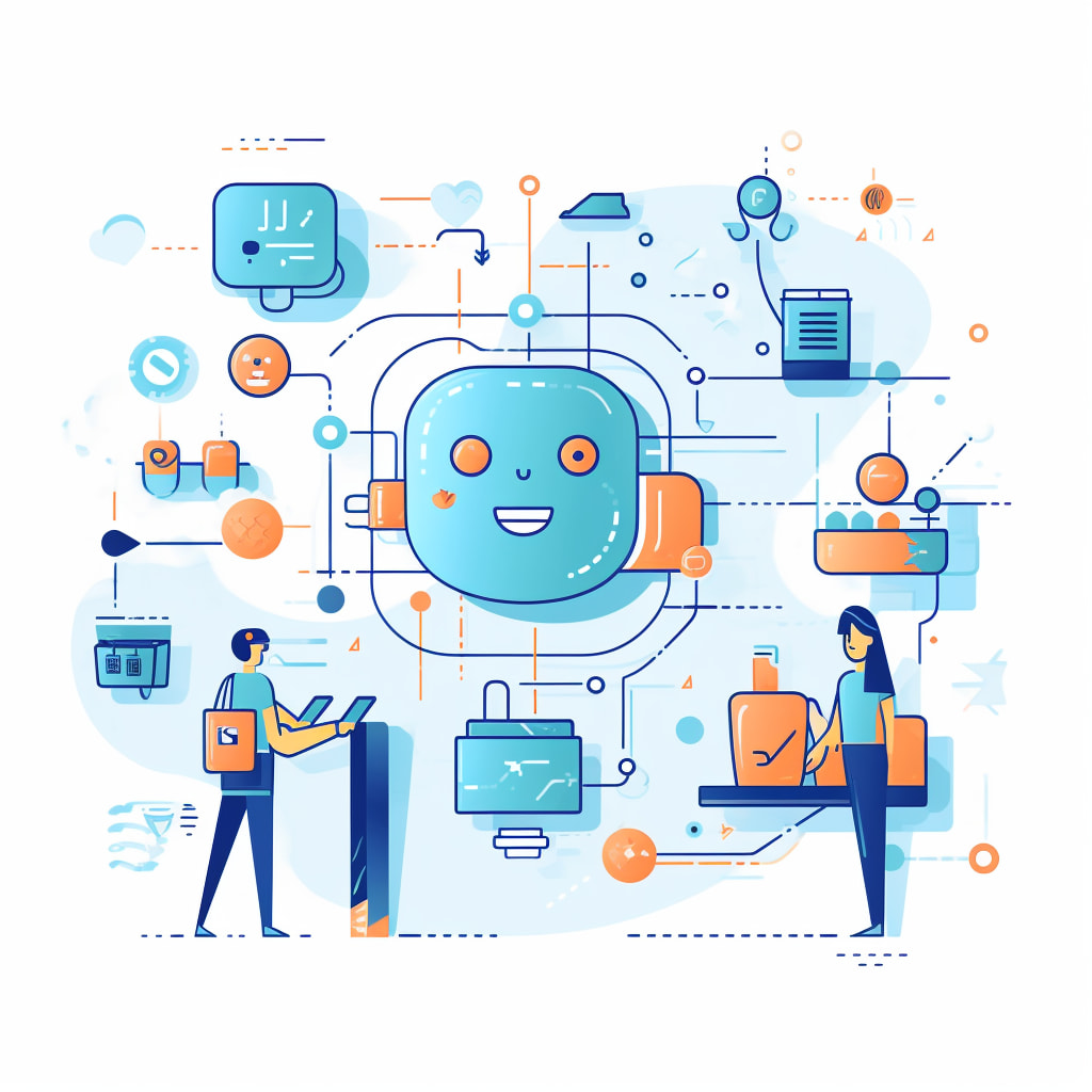 an illustration that captures the multifaceted roles of conversational AI chatbots in e-commerce. Include  personalized product recommendations, guidance through the purchase process