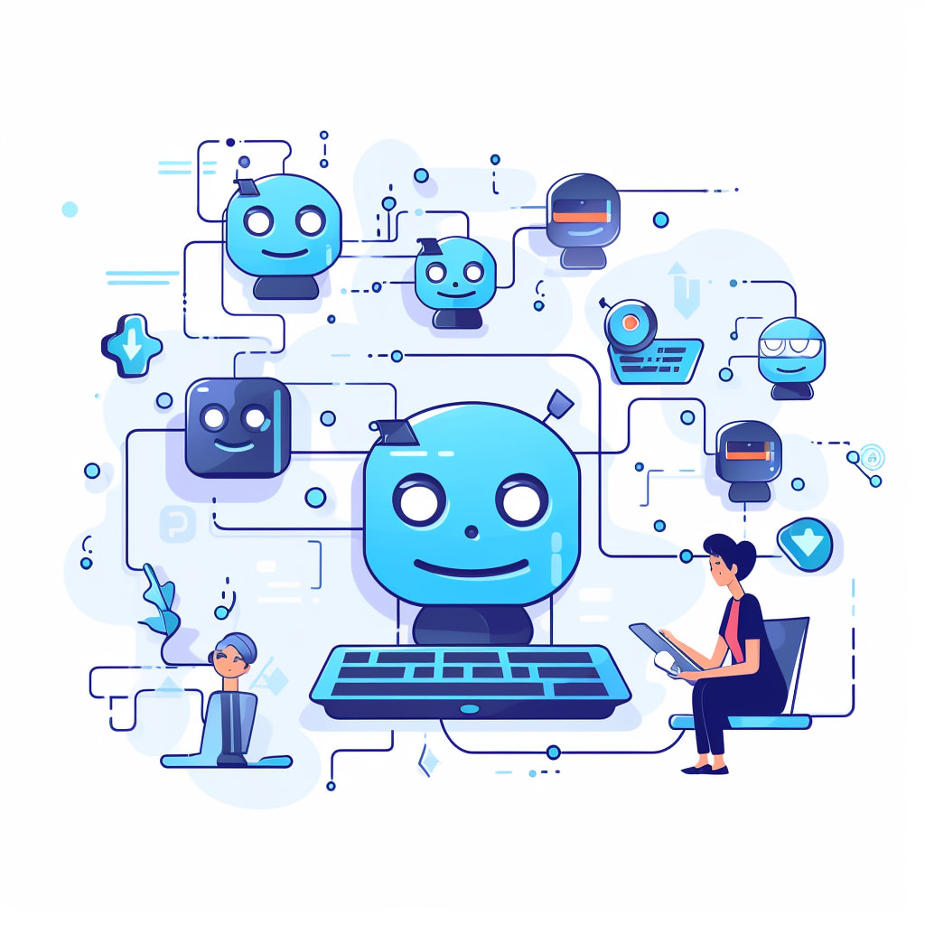 simple and unassuming conversational ai chatbot at the center of a diverse array of digital tasks. surrounded by various visual representations of tasks like answering queries, processing orders, scheduling appointments
