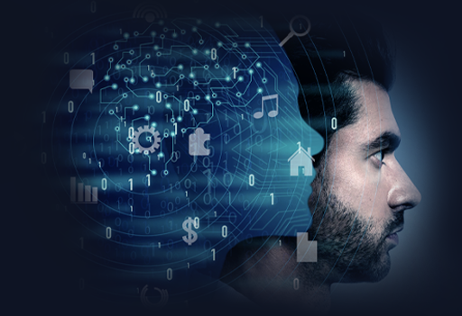 a human and a hologram represents AI whispers on the human's ears